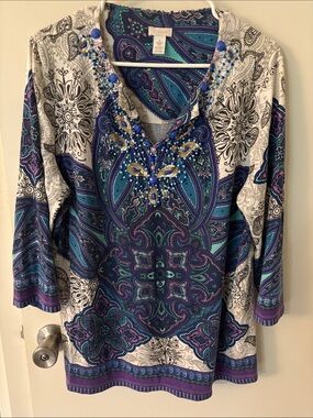 Chico's Teal and Purple Embellished Paisley Tunic